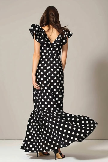 Noir Blanc À Pois Une Ligne Col en V Robe Longue Formelle avec Volants